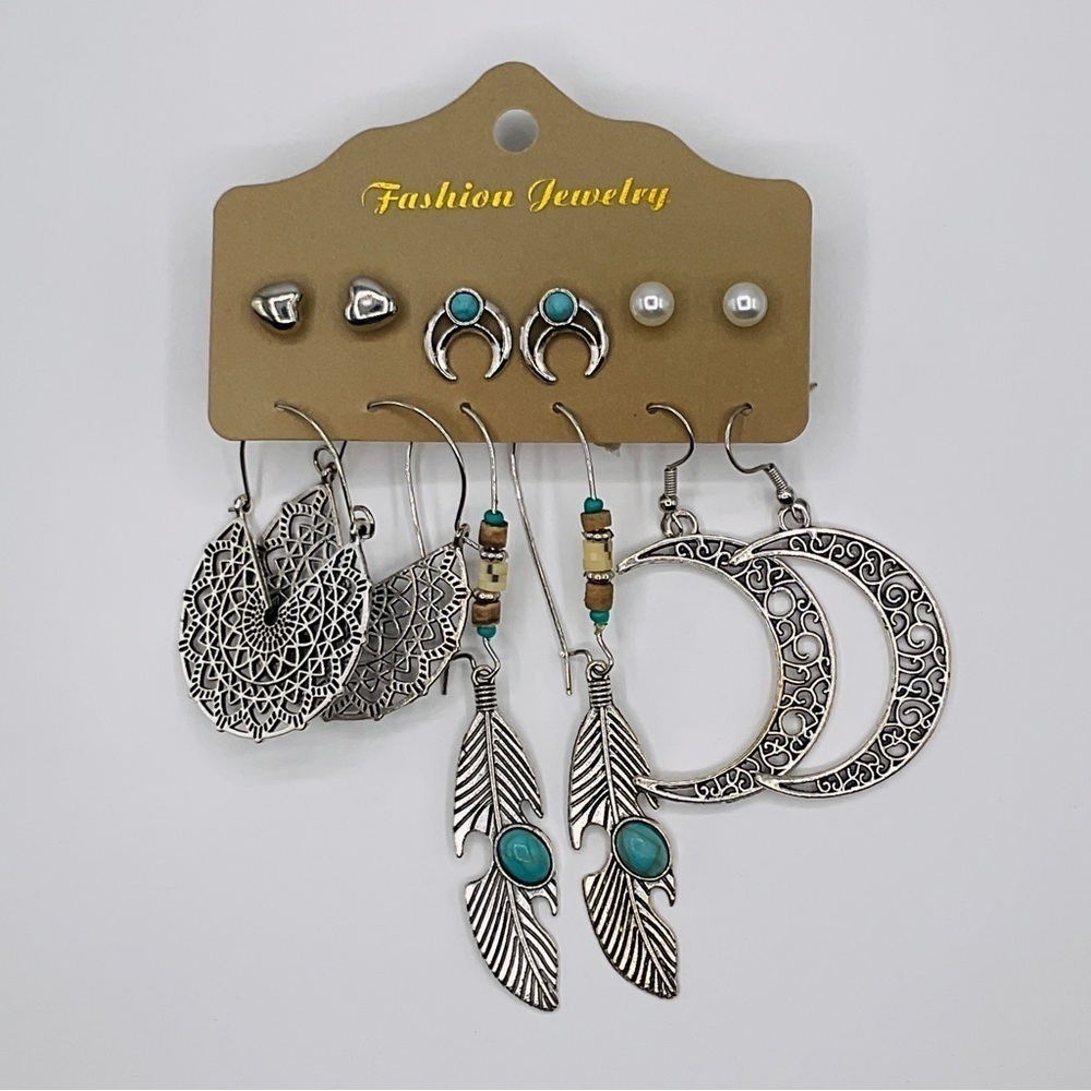 6 Pairs Boho Stud Earring Set Bohemian Feather Heart Dangle Jewelry Silver Tone